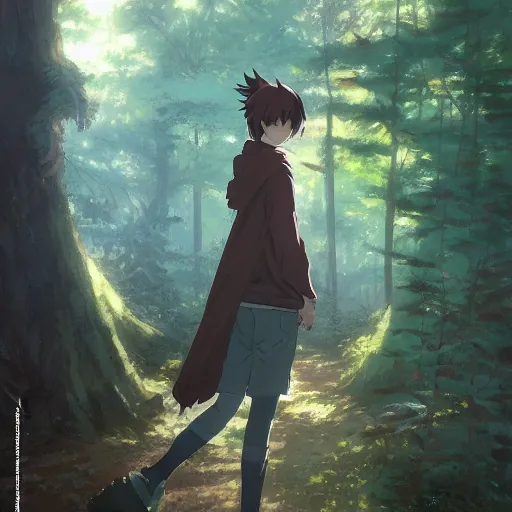 Image similar to anime character in the woods, hyperrealistic, trending on pixiv fanbox, painted by greg rutkowski makoto shinkai takashi takeuchi studio ghibli, akihiko yoshida