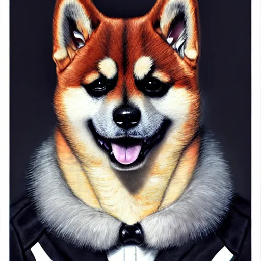 Image similar to portrait painting of a punk shiba inu with tuxedo fur, ultra realistic, concept art, intricate details, eerie, highly detailed, photorealistic, octane render, 8 k, unreal engine. art by artgerm and greg rutkowski and charlie bowater and magali villeneuve and alphonse mucha
