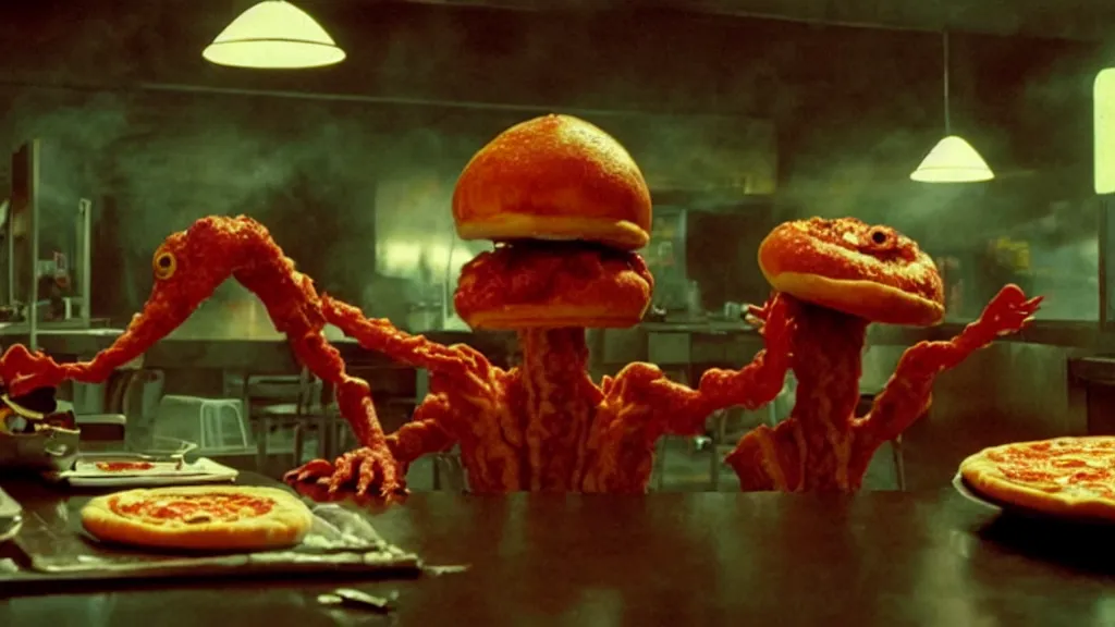 Image similar to the strange pizza creature at the fast food restaurant, film still from the movie directed by denis villeneuve and david cronenberg with art direction by salvador dali and zdzisław beksinski,