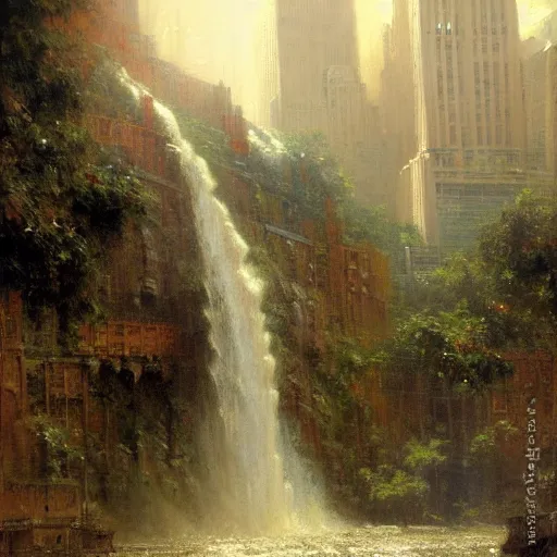 Image similar to waterfall flooding the city of new york. highly detailed painting by gaston bussiere, craig mullins, j. c. leyendecker