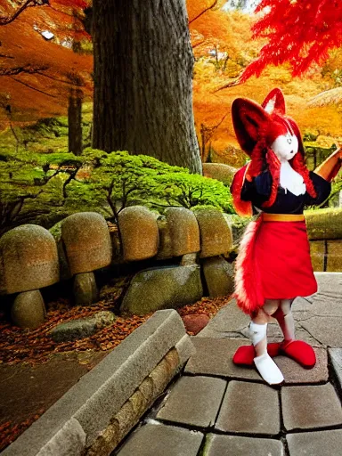 Image similar to full - color instagram photo of a cute young japanese girl cosplaying as a kitsune goddess doing a ritual dance in a windy inari shinto shrine in kyoto full of autumn leaves. she has fox - ears, a fox - tail, hands that are fox - paws, sharp fox - teeth, and a fox - nose. highly - detailed ; professional portrait photography.