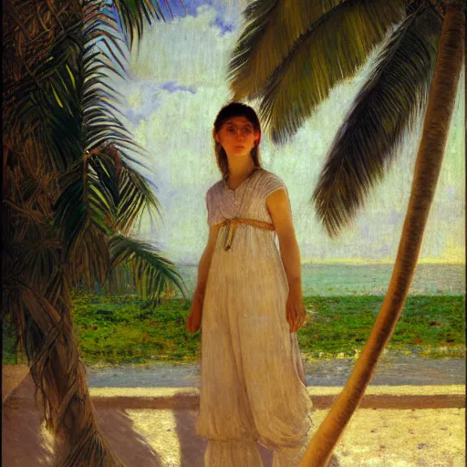 Prompt: a ultradetailed beautiful painting of a girl in the amazonas palace designed by jules bastien - lepage, hans belmer, frank weston and gustave baumann, beach, trending on artstation, mediterranean, palm trees, refracted color sparkles, sharp focus, soft light, 8 k 4 k