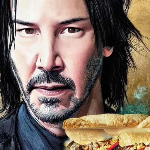 Image similar to keanu reeves eating a sandwich as a quirky cyberpunk wizzard, dark-hair, intricate, elegant, highly detailed, smooth, sharp focus, detailed face, high contrast, dramatic lighting, graphic novel, art by Ardian Syaf and Michael Choi