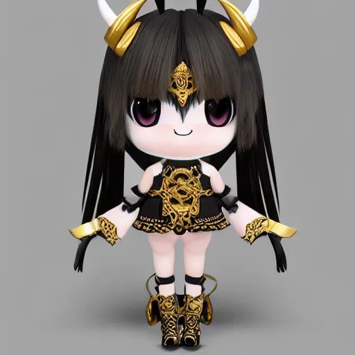 Prompt: cute fumo plush of a goat girl with horns, anime girl, tribal outfit with intricate celtic knot patterns, golden pauldrons, gothic maiden empress, black and white, stark shadows, artstation, vray