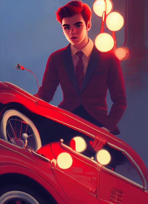 Image similar to teenage archie andrews, in a red ford model t, intricate, elegant, glowing lights, highly detailed, digital painting, artstation, sharp focus, illustration, art by wlop, mars ravelo and greg rutkowski