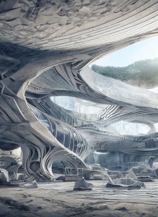 Prompt: techno chuquicamata bioremediation white mining tailing futuristic horizontal } architecture, epic, cinematic, hyperealistic, high detailed, corona render, hdr, ray tracing