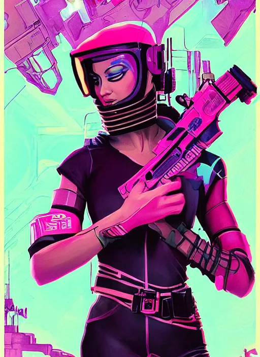 Image similar to beautiful cyberpunk female athlete wearing pink jumpsuit and black jacket while firing a futuristic red belt fed automatic pistol. ad poster for pistol. cyberpunk poster by james gurney, azamat khairov, and alphonso mucha. artstationhq. gorgeous face. painting with vivid color, cell shading. ( rb 6 s, cyberpunk 2 0 7 7 )