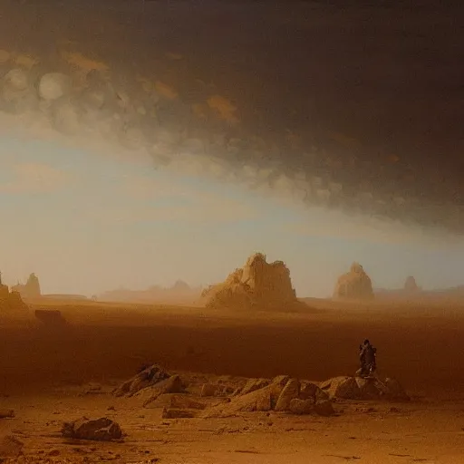 Image similar to an oil painting of a dry and cracked desert on an alien planet with a thick atmosphere and electrical storm above by carl spitzweg and greg rutkowski