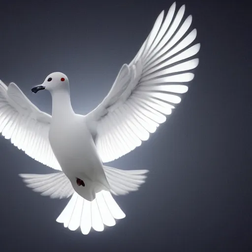 Prompt: A realistic render of a radiant white dove flying through a pitch black room, 4k