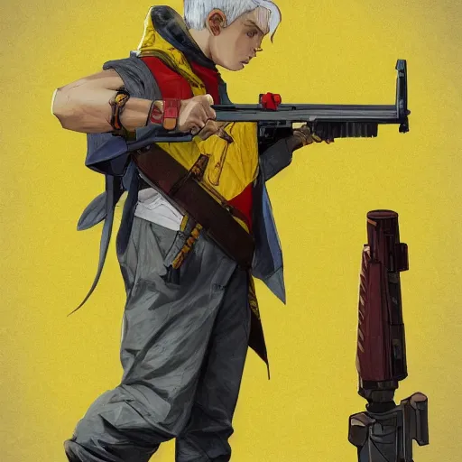 Prompt: detailed 2 d picture a boy with white hair, wearing yellow with red pattern hoodie holding a riffle in the style of artgerm and greg rutkowski and alphonse mucha