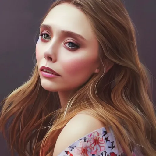 Image similar to Elizabeth Olsen in kimono art drawn in art style of WLOP full HD 4K highest quality realistic beautiful gorgeous natural WLOP artist painting