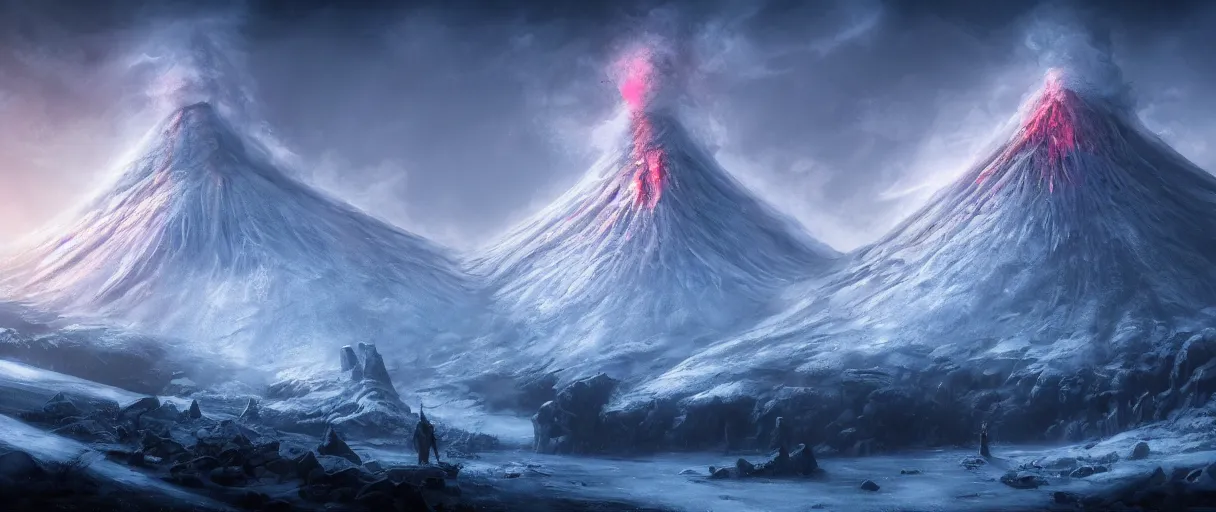 Image similar to digital painting of a frozen ice covered volcano, style of dark souls III, concept art, high angle, high detail, cold lighting, dark, vivid, beautiful, trending on artstation, by Jordan grimmer, no focus, huge scene, terrain visible