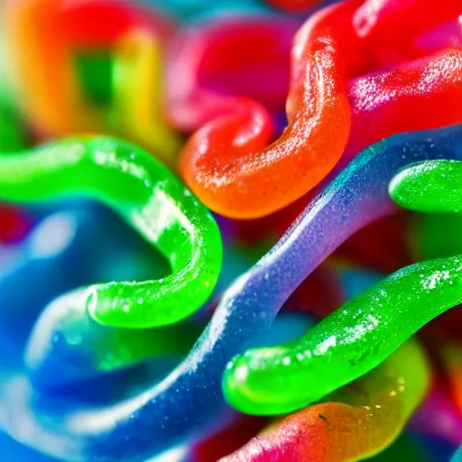 Image similar to macro image of a bowl full of gummy worms, realistic, glistening, slightly sprayed with water.