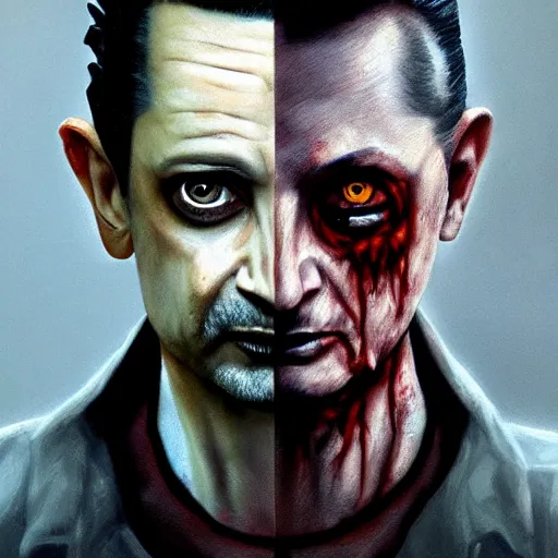 Image similar to dave gahan as a zombie, zombie with white eyes, 7 days to die zombie, fine art, award winning, intricate, elegant, sharp focus, cinematic lighting, highly detailed, digital painting, 8 k concept art, art by z. w. gu and alex konstad and brom and michael hussar, masterpiece, 8 k