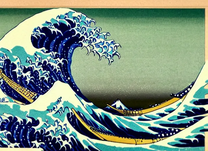 Prompt: the great wave off kanagawa is a woodblock print by the japanese ukiyo - e artist hokusai, probably made in late 1 8 3 1 during the edo period of japanese history. the print depicts three boats moving through a storm - tossed sea, with a large wave forming a spiral in the centre and mount fuji visible in the background