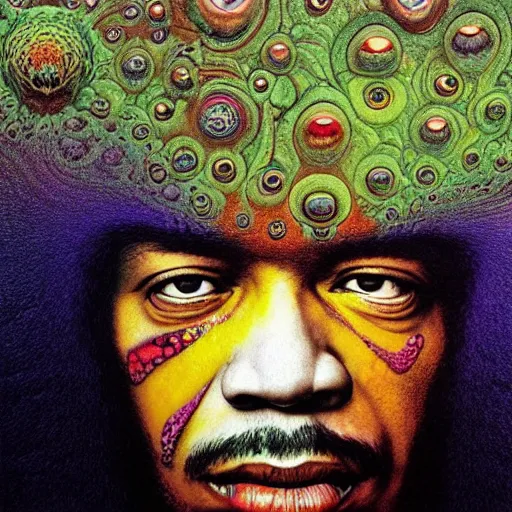 Image similar to colour masterpiece surreal closeup portrait photography of jimi hendrix by miho hirano and annie leibovitz and michael cheval, weird surreal epic psychedelic complex biomorphic 3 d fractal landscape in background by kilian eng and roger dean and salvador dali and beksinski, 8 k