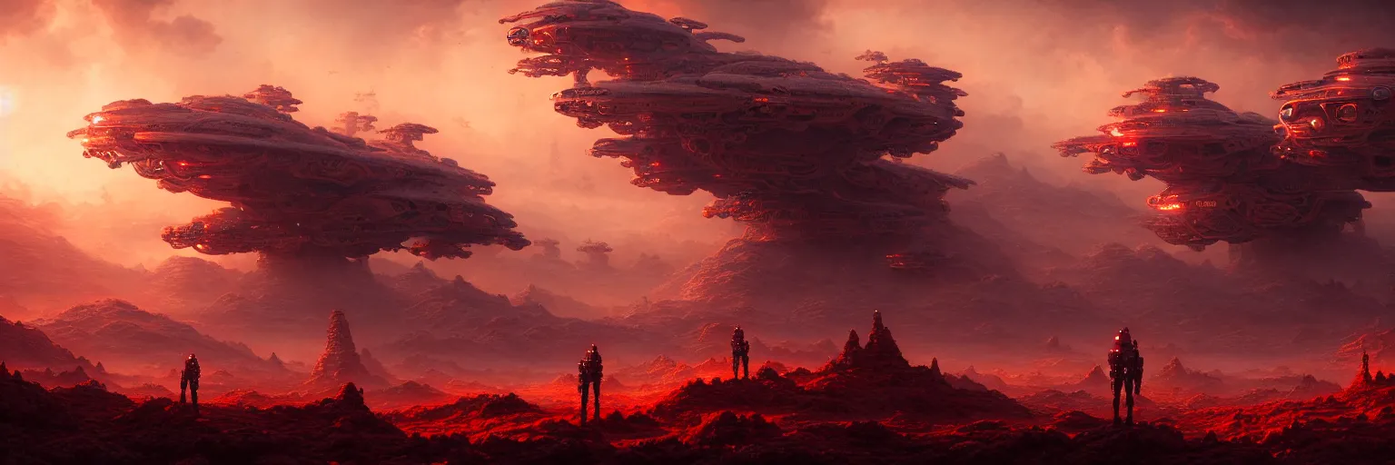 Image similar to ultra realist intricate detailed landscape painting of an alien world, red sky with mech buildings and cyborg tech, symmetry accurate features, very intricate details, bokeh focus, 8k render, artstyle Hiraku Tanaka and Tom Bagshaw, award winning