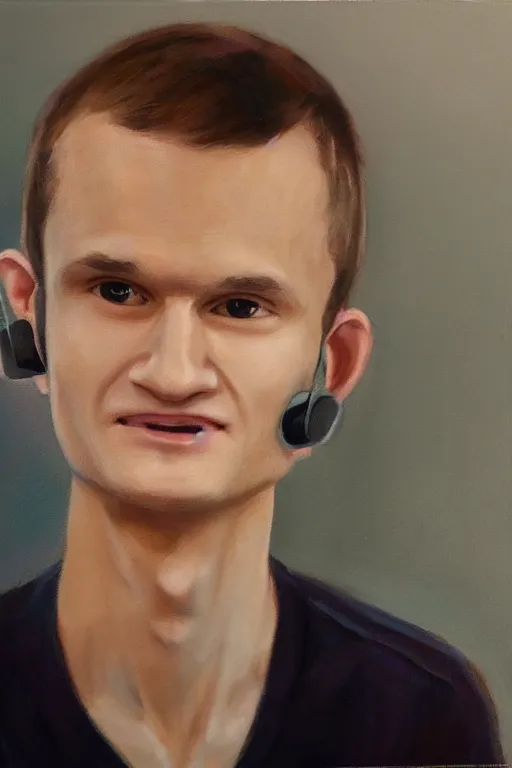 Image similar to vitalik buterin in headphones. vitalik buterin, medium shot, perfect symmetric face, coherent eyes, cute beautiful face, fine details., 4 k, hans zatska, oil paint