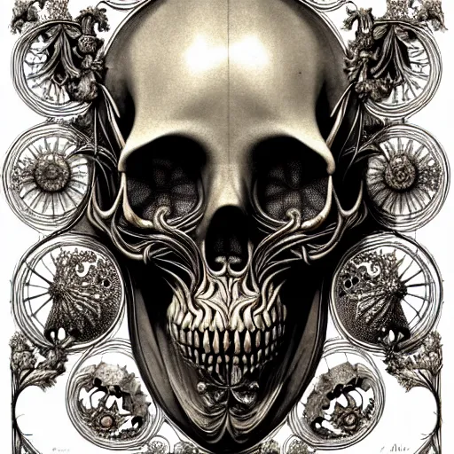 Image similar to art forms of nature by ernst haeckel, memento mori by arthur rackham, ornate antique porcelain beautiful skull mask, ultrasharp, photorealistic, hyperdetailed, octane render, polished, art nouveau, neo - gothic, gothic, intricate ornamental organic filigree, art nouveau botanicals, art forms of nature by ernst haeckel, horizontal symmetry, symbolist, visionary