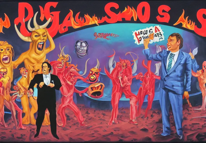 Prompt: A retro 1980s game show hosted by a charming-looking horned Satan devil in a colorful suit at center-stage, in front of a live studio audience of demons and strange creatures in the bleachers, in the middle of a cavernous firey landscape of Hell, oil on canvas, painting, cohesive, stylistic, trending on Artstation, 4k, wide shot