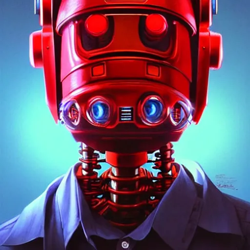 Image similar to the robot from the movie short circuit, wearing a red polo shirt, a gamestop setting, intricate, headshot, highly detailed, digital painting, artstation, concept art, sharp focus, cinematic lighting, illustration, art by artgerm and greg rutkowski, alphonse mucha, cgsociety, edward hopper