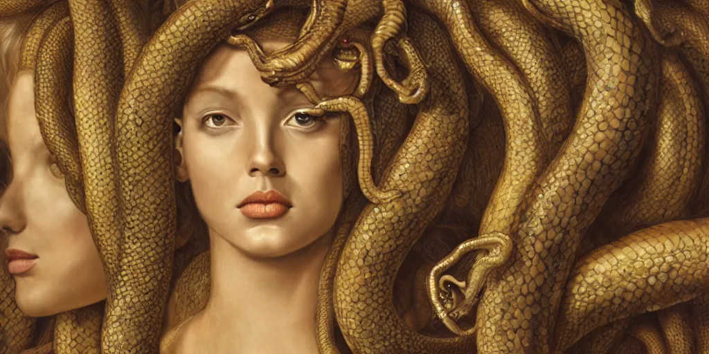 Image similar to realistic portrait of beautiful medusa with her snakes, golden, delicate, facing camera, hyper realism, 1 4 5 0, ink, ultra realistic, 8 k