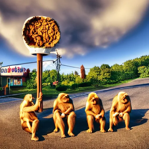 Image similar to apes sitting in a circle around a huge ice cream cone cinematic hdr realistic