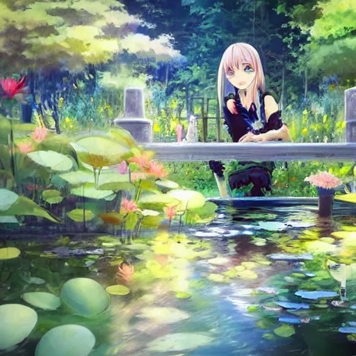 Image similar to isekai masterpiece drawn byaenami alena, atroshenko andrew, asencio henry, averin alexandr, blanchard antoine, bussiere gaston of a beautiful anime girl sitting in a pond filled with lily pads and koi fish