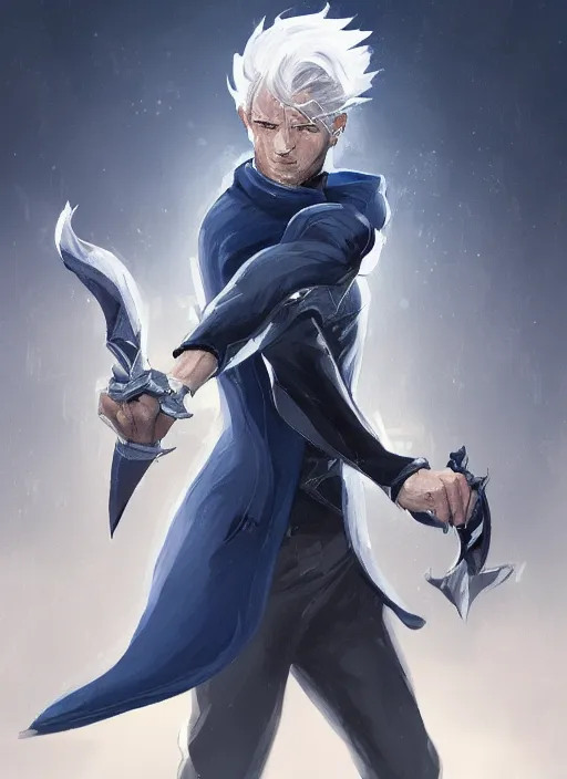 Prompt: a highly detailed illustration of short slick back white haired man wearing dark blue coat, dramatic wielding sword pose, intricate, elegant, highly detailed, centered, digital painting, artstation, concept art, smooth, sharp focus, league of legends concept art, wlop