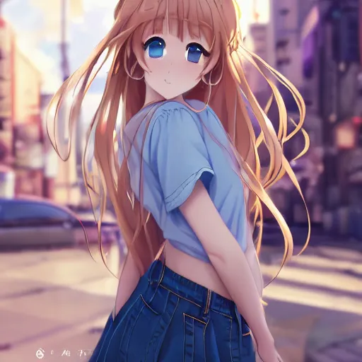 Image similar to a very beautiful anime girl, full body, long golden hair, sky blue eyes, full round face, short smile, mini jeans skirt, cute top, urban setting, cinematic lighting, medium shot, mid-shot, highly detailed, trending on Artstation, Unreal Engine 4k, cinematic wallpaper by Stanley Artgerm Lau, WLOP, Rossdraws, James Jean, Andrei Riabovitchev, Marc Simonetti, and Sakimichan