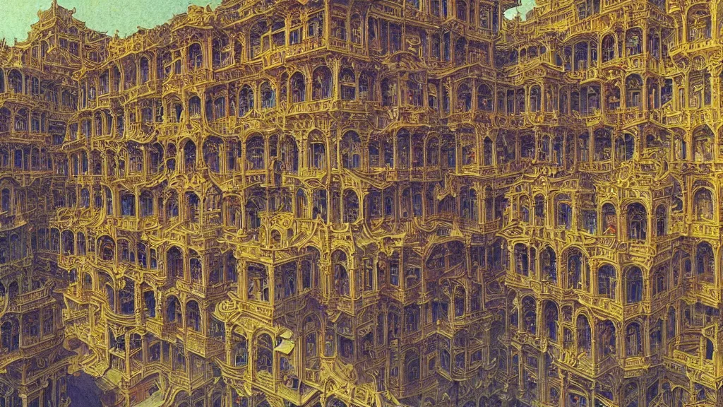 Prompt: baroque architecture, by Escher and Jean Delville, fractal, walled city of Kowloon, rich colour, ornate