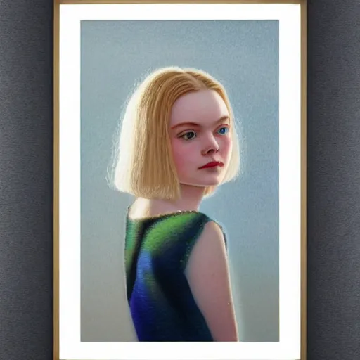 Prompt: Elle Fanning in the style of Paola Vetri, head and shoulders pointillism portrait, stormy weather, extremely detailed masterpiece, oil on canvas, low-key neon lighting, artstation, Blade Runner 2049, Roger Deakin’s cinematography, by J. C. Leyendecker and Peter Paul Rubens and Edward Hopper and Michael Sowa,