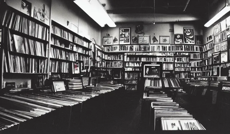 Image similar to a record store designed by gustave dore, 3 5 mm film, long shot