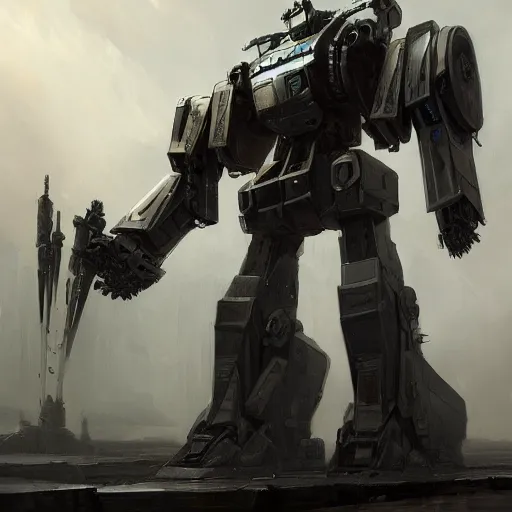 Image similar to a full length portrait of a giant autonomous polished steel battle mecha, a moody sci - fi painting by grosnez and juan pablo roldan, trending on artstation, highly detailed matte painting
