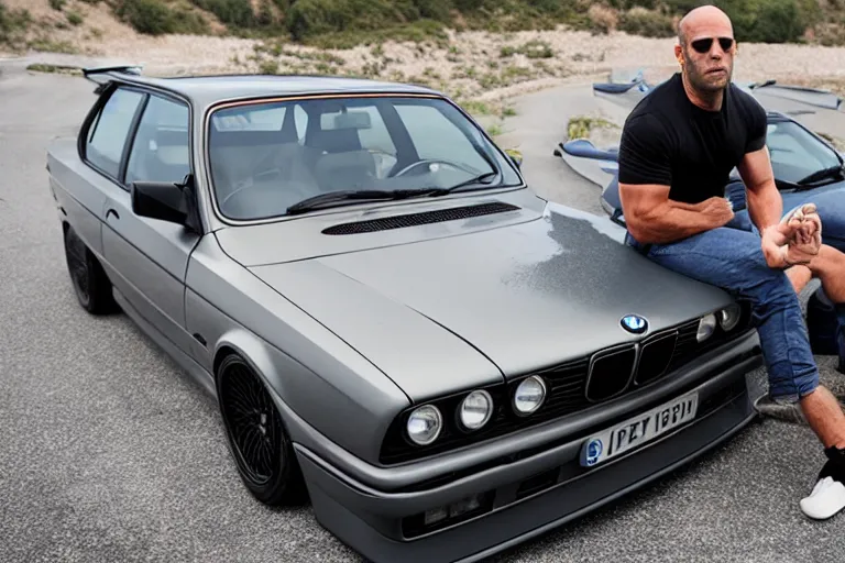 Image similar to Angry Jason Statham lifts BMW e30 that sits above him