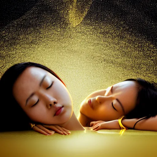 Image similar to two asian girls sleeping, liquid golden and black fluid, magic hour, dramatic light, liquid painting, golden bodypaint, yellow and blue lightning, world best photography, indian patterns, bokeh, golden jewelry filigree, body detaily, ornaments, fresco by michaelangelo, golden rays, god rays, epic cinematic wallpaper, cold color palette, cold colors, sad mood