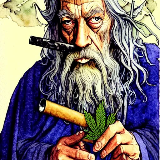 Image similar to a realistic and atmospheric watercolour fantasy character concept art portrait of gandalf with bloodshot eyes looking confused and smoking weed out of his pipe with a pot leaf nearby, by rebecca guay, michael kaluta, charles vess and jean moebius giraud