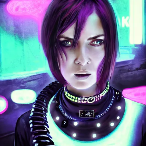 Image similar to detailed realistic cyberpunk female character cyberpunk wearing large steel collar around neck, realistic, art, beautiful, 4K, collar, choker, collar around neck, punk, artstation, detailed, female, woman, choker, cyberpunk, neon, punk, collar, choker, collar around neck, thick collar, choker around neck, wearing choker, wearing collar, bright neon punk hair, collar, choker,