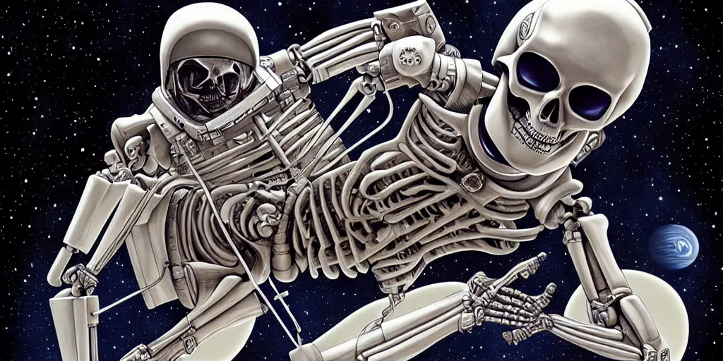 Image similar to a cyborg skeleton astronaut floating in a space shuttle by Mark Brooks, highly detailed, trending on artstation