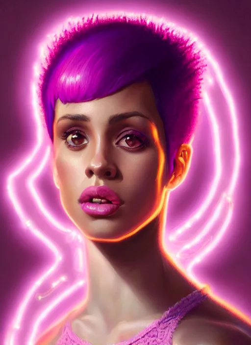 Image similar to portrait of vanessa morgan with bright pink hair, curly pixie cut hair, wearing a purple breton cap, breton cap, hoop earrings, intricate, elegant, glowing lights, highly detailed, digital painting, artstation, concept art, smooth, sharp focus, illustration, art by wlop, mars ravelo and greg rutkowski