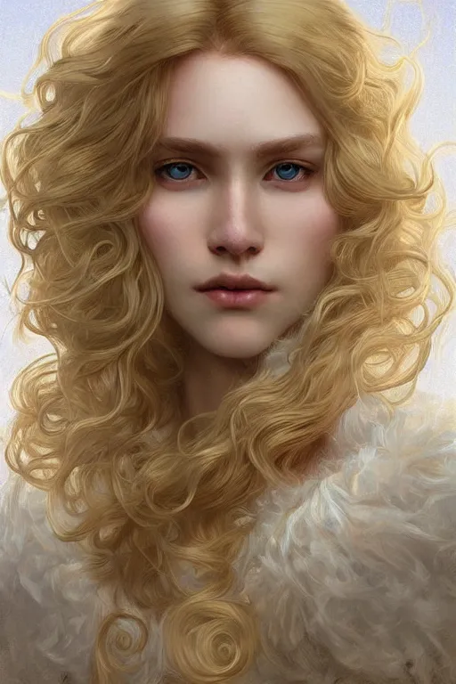Image similar to beautiful cottagecore pale blond androgynous Lucius , long fluffy curly blond hair, pale skin, innocent, intricate, elegant, highly detailed, digital painting, artstation, concept art, smooth, sharp focus, illustration, art by artgerm and greg rutkowski and alphonse mucha