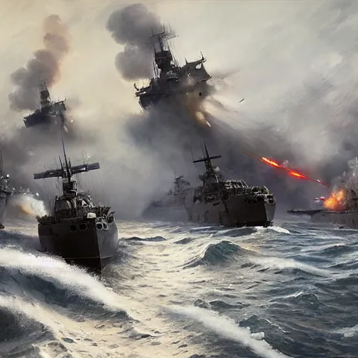 Prompt: an american navy attacking the german navy in ww 2 by greg rutkowski