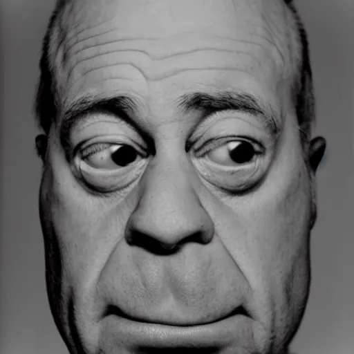 Prompt: portrait of Homer Simpson by Diane Arbus, 50mm, black and white
