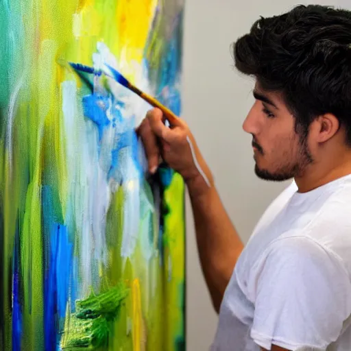 Image similar to A young male Latino artist painting a plain green picture on canvas