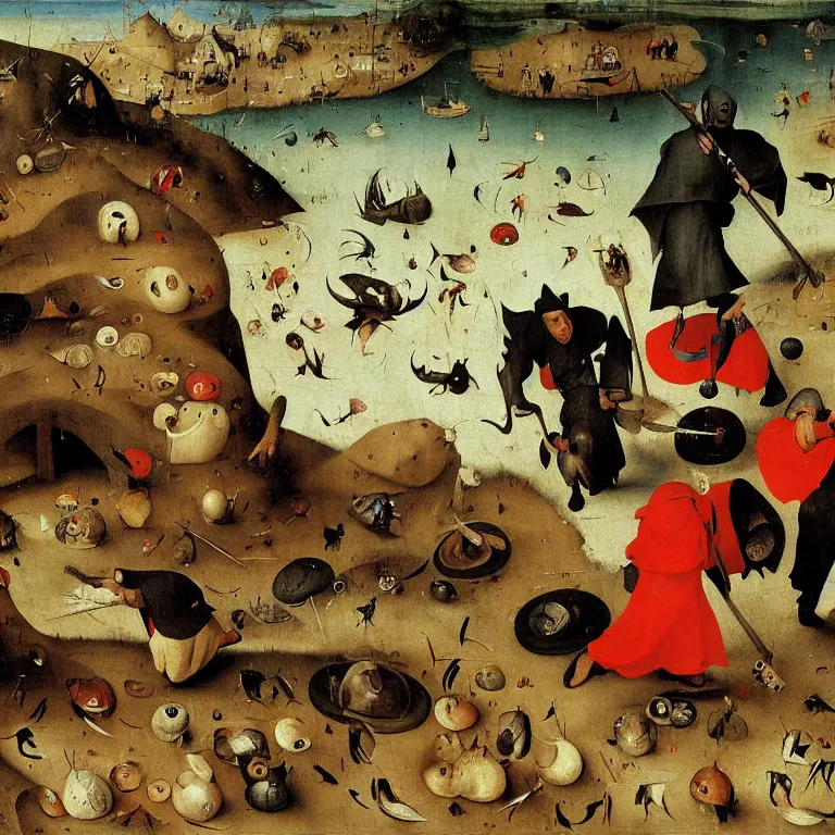 Prompt: The medium shot of three sarcastic mans with a lot of fish running away with a small profit of money, Grim Reaper laughs and follow them, by Hieronymus Bosch and Pieter Bruegel inspired by Terry Pratchett, super detailed oil painting, hyper realistic, 4k, masterpiece