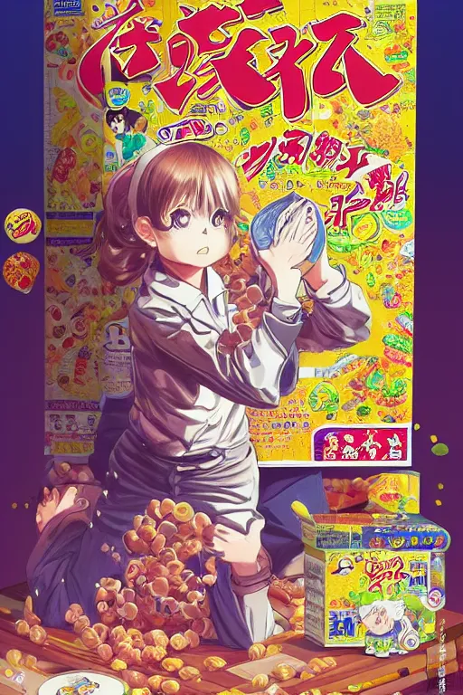 Image similar to manga cover, intricate cereal boxes background, cereal, emotional lighting, character illustration by tatsuki fujimoto