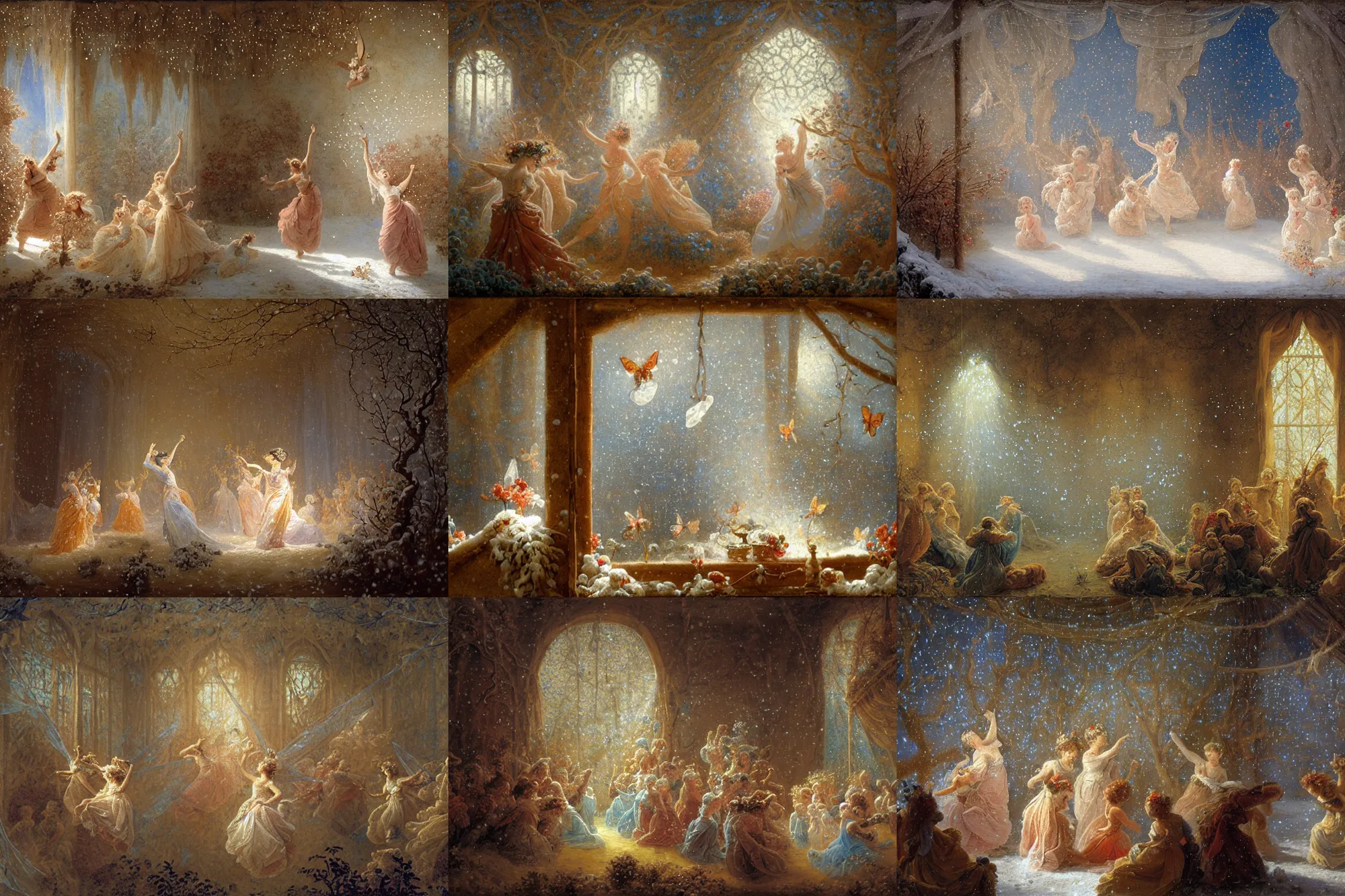 Prompt: polovstian dances and chorus, tiny faeries, butterflies, dry trees, winter blue drapery, very light snow, hanging tarp, sunlight from a stainedglass window, icicles, stoic, light dust, magnificent, hyperdetailed, theatrical, close up, masterpiece, painted by jean honore fragonard and greg rutkowski