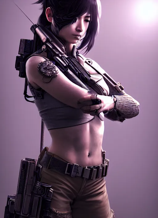 Image similar to the portrait of lawful neutral female cyberpunk marine sniper as absurdly beautiful, gorgeous, elegant, young gravure idol, an ultrafine hyperdetailed illustration by kim jung gi, irakli nadar, intricate linework, bright colors, octopath traveler, final fantasy, unreal engine 5 highly rendered, global illumination, radiant light, detailed and intricate environment