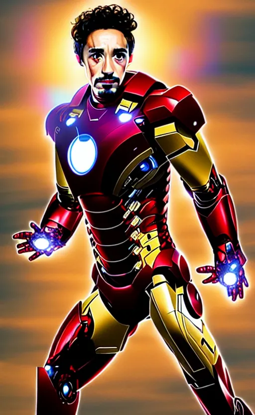 Image similar to portrait of robert sheehan as iron man from the avengers infinity war, character concept art, hyperrealistic, detailed, accurate illustration, dramatic lighting, action pose