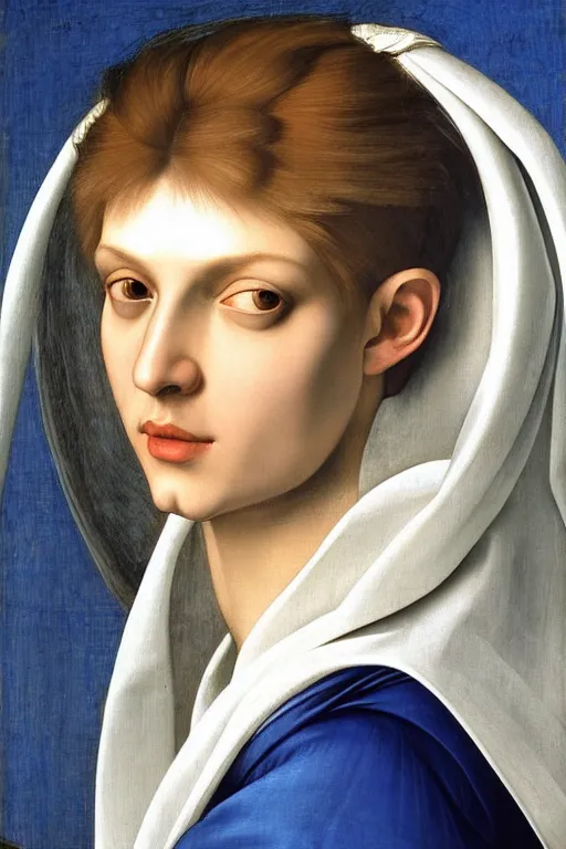 Image similar to hyper - realistic close - up portrait of a medieval blonde with a huge amount of color in the caravaggio style, pale skin, in a silver silk robe, blue palette